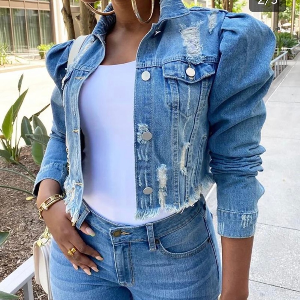Womens Denim Puff Sleeve Distressed Jacket Large